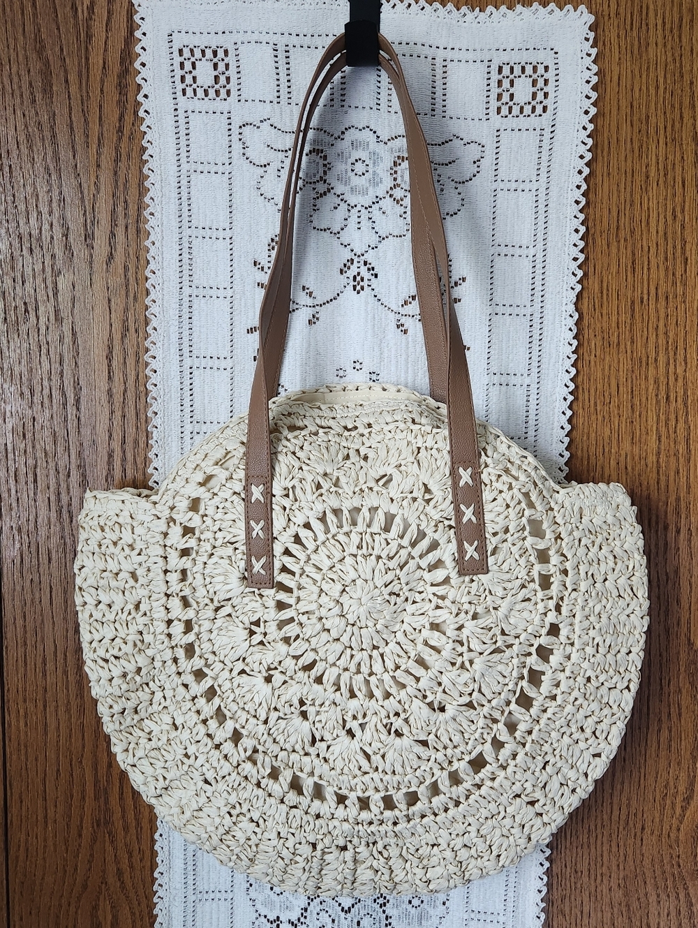 Woven Rattan Round Straw Tote Bag with Brown Handles - Picture 8 of 8